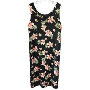 Pineapple Moon Tropical Hibiscus Silk Maxi Dress Black Luau Floral Women’s XL